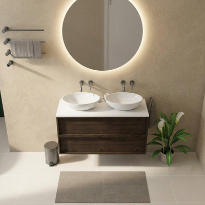 Saniclass Holz Frame Ensemble meuble de salle de bains - 120x45x62.5cm - plan supérieur Torino en solid surface blanc - sans trou de robinet - 2 tiroirs - chêne charcoal mat (bois)
