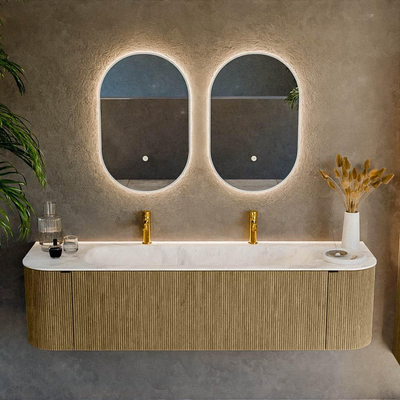 Ensemble de meuble de salle de bain Mondiaz KURVE-DLUX - 170x46x40cm - 1 tiroir - 2 portes - lavabo en solid surface - milieu - 2 trous de robinet - Dusk