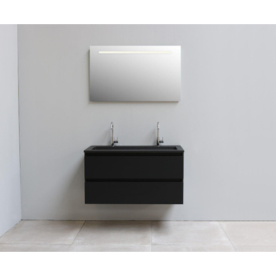 Basic Bella Badkamermeubelset - 100x55x46cm - 1 wasbak - Acryl - Zwart - 2 kraangaten - Wandspiegel met verlichting - Spaanplaat Zwart mat