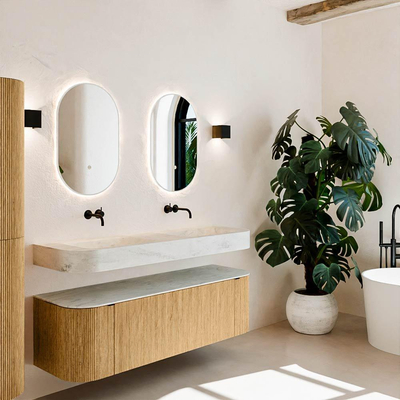 MONDIAZ THOR-DLUX 150cm meuble de salle de bains arrondi gauche + droite couleur Oak avec 1 tiroir et 2 portes. Vasque suspendue CLOUD Double sans trou de robinet couleur Opalo.