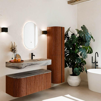 MONDIAZ THOR-DLUX Meuble de salle de bains 110cm arrondi gauche + droite couleur Ruby avec 1 tiroir et 2 portes. Vasque suspendue CLOUD Droite 1 trou de robinet couleur Sombra.