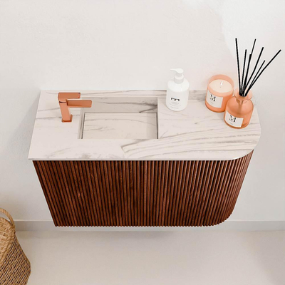 Mondiaz JOYA-DLUX 61.6cm toiletmeubel - ronding rechts kleur Ruby - Wastafel FAYE positie Links 1 kraangat kleur Nata.