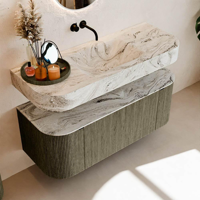 MONDIAZ THOR-DLUX Meuble de salle de bains 120cm arrondi gauche + droite couleur Shadow avec 1 tiroir et 2 portes. Vasque suspendue CLOUD Milieu sans trou de robinet couleur Glace.