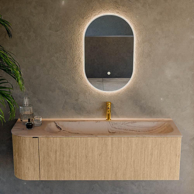 MONDIAZ KURVE-DLUX meuble de salle de bains 145 cm arrondi à gauche couleur Chêne avec 1 tiroir et 1 porte. Lavabo BIG LARGE à droite 1 trou de robinet Arena.