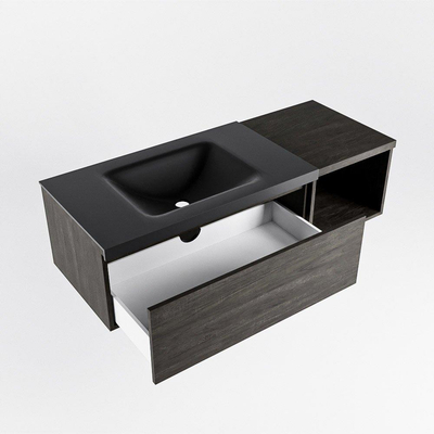 MONDIAZ BUKLA Meuble de salle de bains 120 cm avec module ouvert 40 couleur Dark Brown avec 1 tiroir. Lavabo CLOUD gauche 0 trous de robinet couleur Urban.