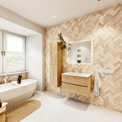 MONDIAZ VICA 80cm badmeubel onderkast Washed Oak 2 lades. Wastafel DENIA midden 1 kraangat, kleur Glanzend Wit.