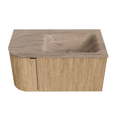MONDIAZ KURVE-DLUX 85cm badmeubel ronding Links kleur Oak met 1 lade en 1 deur. Wastafel CLOUD Rechts 1 kraangat Saba.