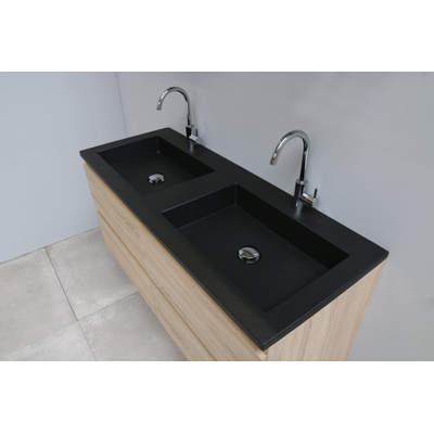 Basic Bella Meuble salle de bains avec lavabo acrylique Noir avec armoire toilette 2 portes gris 120x55x46cm 2 trous de robinet Chêne