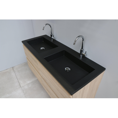 Basic Bella Meuble salle de bains avec lavabo acrylique Noir avec miroir 120x55x46cm 2 trous de robinet Chêne