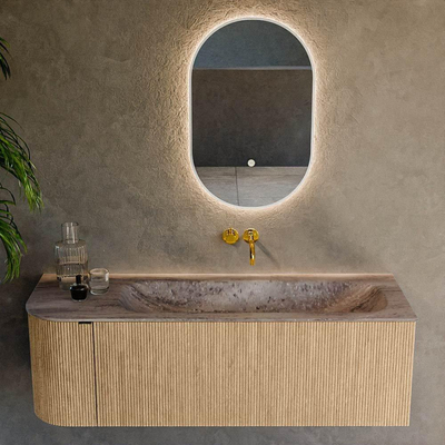 MONDIAZ KURVE-DLUX meuble de salle de bains 135cm arrondi gauche couleur chêne avec 1 tiroir et 1 porte. Lavabo BIG MEDIUM droit sans trou de robinetterie Oza.