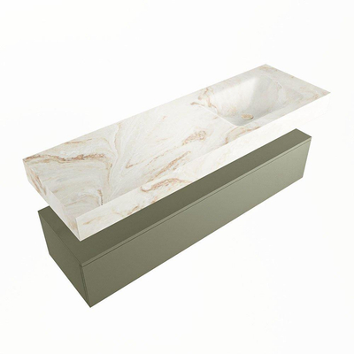 Mondiaz ALAN-DLUX Ensemble de meuble - 150cm - meuble Army mat - 1 tiroir - Lavabo Cloud Frappe suspendu - vasque Droite - 0 trous de robinet