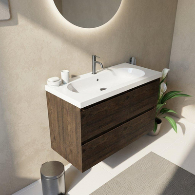 Saniclass Holz Pure Ensemble de meubles de salle de bains - 100x45x63.5cm - Lavabo en céramique Palermo blanc - 1 vasque - 1 trou de robinet - 2 tiroirs - chêne charcoal mat (bois)