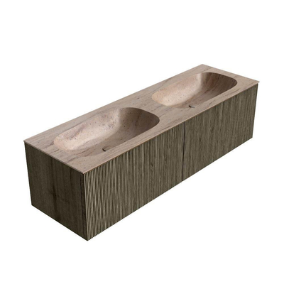 MONDIAZ KURVE-DLUX Meuble de salle de bains 150 cm couleur Shadow avec 2 tiroirs et 0 portes. Lavabo STOR SMALL Double sans trou de robinetterie Saba.