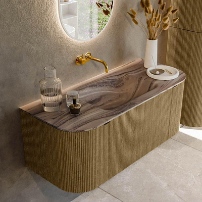 MONDIAZ KURVE-DLUX Meuble de salle de bains 110cm arrondi Gauche + Droite couleur Dusk avec 1 tiroir et 2 portes. Plan-vasque CLOUD central sans trou de robinetterie Sombra.