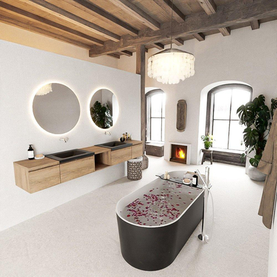 MONDIAZ BUKLA 240cm badmeubel met open module 40 midden kleur Washed Oak met 4 lades. Wastafel CLOUD dubbel 0 kraangaten kleur Urban.