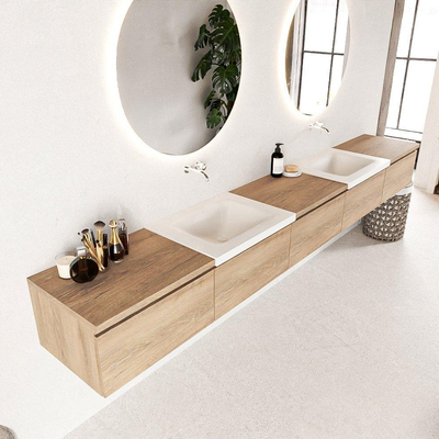 MONDIAZ BUKLA meuble de salle de bain 300cm avec module 60 couleur Chêne blanchi avec 5 tiroirs. Lavabo CLOUD double 0 trou de robinet couleur Talc.