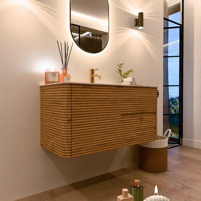 Mondiaz CIRO-DLUX Badkamermeubelset - 100x45x50cm - Solid surface wastafel Ostra - 1 wasbak Midden - 1 kraangat - 2 lades - Oak