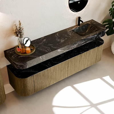 MONDIAZ THOR-DLUX Meuble de salle de bains 190cm arrondi gauche + droite couleur Dusk avec 2 tiroirs et 2 portes. Vasque suspendue CLOUD Droite 1 trou de robinet couleur Lava.