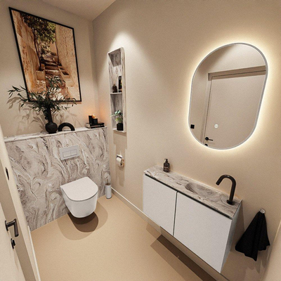 MONDIAZ TURE-DLUX Meuble de toilettes 80 cm Linen. EDEN lavabo Glace position à droite. Avec 1 trou de robinet.