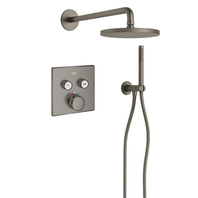 Grohe - Adema Rise Ensemble de douche pluie - carré - coude mural avec support de douchette - flexible de douche lisse - douchette à main barre - bras mural - douchette de tête 25 cm - thermostat encastré Grohe SmartControl - graphite dur brossé