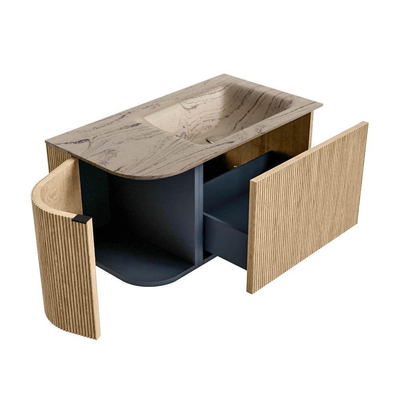MONDIAZ KURVE-DLUX Meuble de salle de bains 85cm arrondi gauche couleur Oak avec 1 tiroir et 1 porte. Lavabo CLOUD à droite sans trou de robinet Arena.
