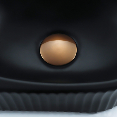 QeramiQ Fuente Ensemble de Lavabo - 40x21.5x12cm - strié - demi-rond - céramique - ensemble de robinet en cuivre brossé - bouchon de vidange - siphon abaissé - noir mat