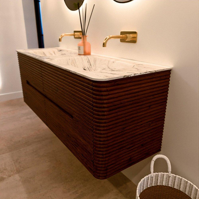 Mondiaz CIRO-DLUX Badkamermeubelset - 140x45x50cm - Solid surface wastafel Glace - 2 wasbak Dubbel - zonder kraangaten - 4 lades - Ruby