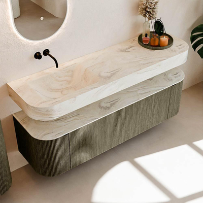 MONDIAZ THOR-DLUX 160cm meuble de salle de bains arrondi gauche + droite couleur Shadow avec 1 tiroir et 2 portes. Vasque suspendue CLOUD Gauche sans trou de robinet couleur Ostra.