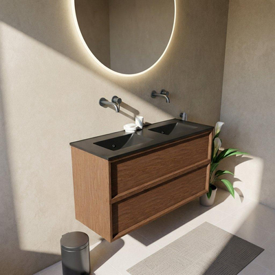 Saniclass Holz Frame Ensemble de meubles de salle de bains - 120x45x62cm - Vasque Vygo en céramique noire - 2 vasques - sans trous de robinet - 2 tiroirs - walnut pure mat (bois)