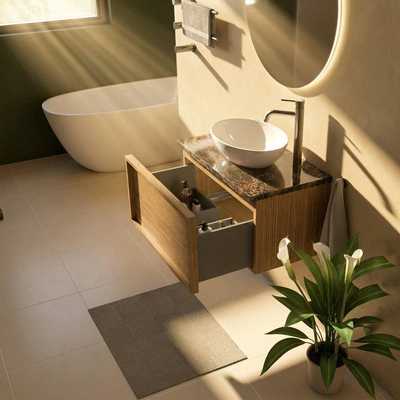 Saniclass Holz Frame Ensemble de meubles de salle de bains - 80x45x43cm - Plan de travail en pierre naturelle Noche dark emperador - 1 trou de robinet - 1 tiroir - chêne natural mat (bois)