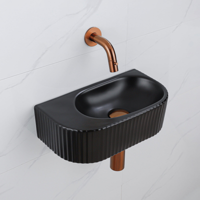QeramiQ Fuente Ensemble de Lavabo - 40x21.5x12cm - strié - demi-rond - céramique - ensemble de robinet en cuivre brossé - bouchon de vidange - siphon abaissé - noir mat