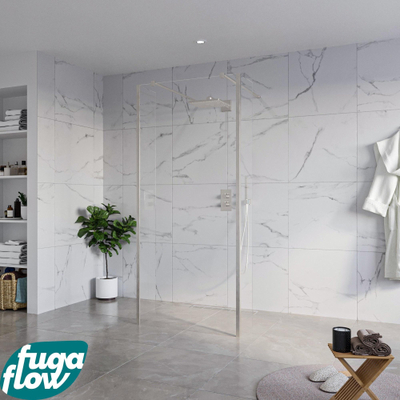FugaFlow Eccelente Vetro Vrijstaande inloopdouche badkamer - 90x200cm - Helder - antikalk - 8mm veiligheidsglas - 2 zijwanden 30cm - met wandarmen en hoekprofielen - RVS geborsteld -
