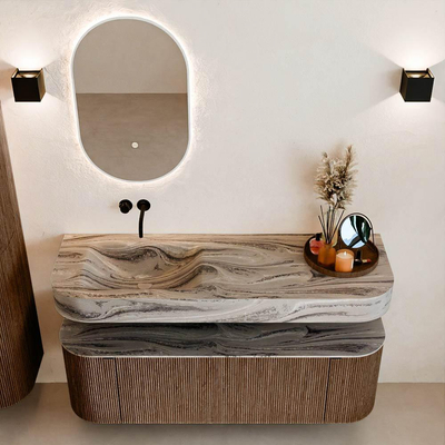 MONDIAZ THOR-DLUX 140cm badmeubel ronding links + rechts kleur Walnut met 1 lade en 2 deuren. Vrijhangende wastafel CLOUD Links zonder kraangat kleur Sombra.
