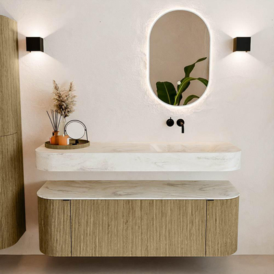 MONDIAZ THOR-DLUX 140cm meuble de salle de bains arrondi gauche + droite couleur Dusk avec 1 tiroir et 2 portes. Vasque suspendue CLOUD Droite sans trou de robinet couleur Ostra.