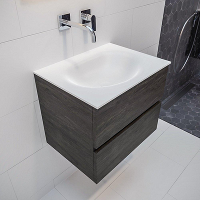 MONDIAZ VICA Ensemble de meuble salle de bain - 60cm - 2 tiroirs - lavabo Moon central - 0 trous de robinet - solid surface marron foncé