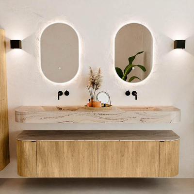 MONDIAZ THOR-DLUX 180cm meuble de salle de bains arrondi gauche + droite couleur Oak avec 2 tiroirs et 2 portes. Vasque suspendue CLOUD Double sans trou de robinet couleur Arena.