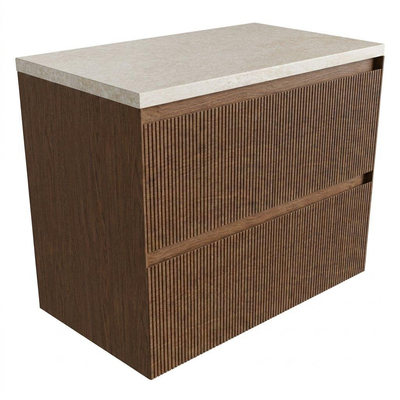 Saniclass Holz Atelier Ensemble de meuble de salle de bains - 80x45x63cm - Plan en pierre naturelle travertin - sans trou de robinetterie - 2 tiroirs - noyer pure mat (bois)