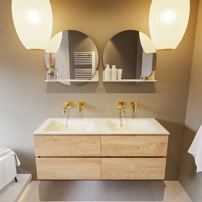 MONDIAZ VICA-DLUX Ensemble meuble de salle de bains - 130cm - meuble bas Washed oak - 4 tiroirs - lavabo encastré cloud double - sans trous de robinet - version haute 60cm - opalo