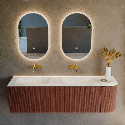 Mondiaz KURVE-DLUX Badkamermeubelset - 155x46x40cm - 2 lade - 1 deur - wastafel solid surface - dubbel / links - zonder kraangat - Ruby