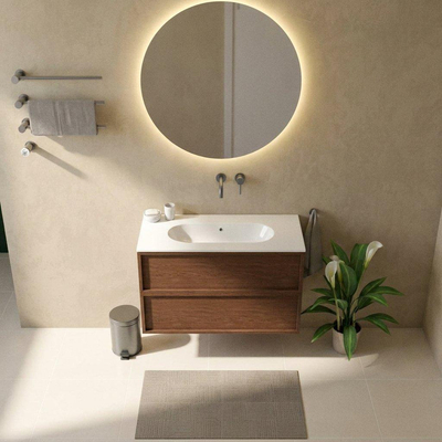 Saniclass Holz Frame Ensemble meuble de salle de bains - 100x45x73.9cm - lavabo en céramique Chaci blanc - 1 vasque - sans trou de robinet - 2 tiroirs - walnut pure mat (bois)
