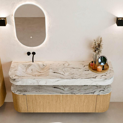 MONDIAZ THOR-DLUX 160cm badmeubel ronding links + rechts kleur Oak met 1 lade en 2 deuren. Vrijhangende wastafel CLOUD Links zonder kraangat kleur Glace.
