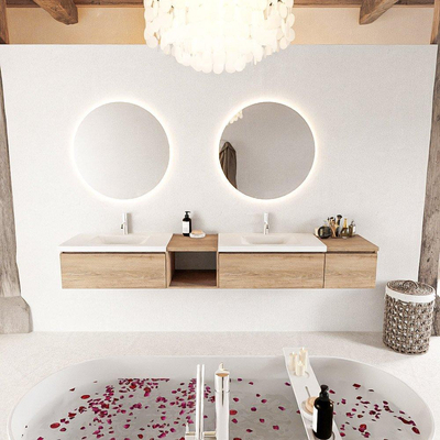 MONDIAZ BUKLA 240cm ensemble de meuble avec module ouvert 40 gauche couleur Chêne blanchi avec 3 tiroirs. Lavabo CLOUD double 2 trous de robinet couleur Talc.