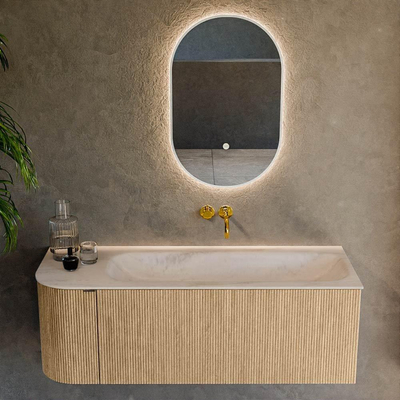 MONDIAZ KURVE-DLUX 125cm badmeubel ronding Links kleur Oak met 1 lade en 1 deur. Wastafel BIG MEDIUM Rechts zonder kraangat Meli.