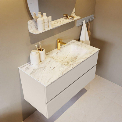 Mondiaz VICA-DLUX ensemble de meuble de salle de bain - 100cm - meuble sous lavabo lin - 2 tiroirs - lavabo encastré nuage droite - 1 trou de robinet - version haute de 60cm - glace