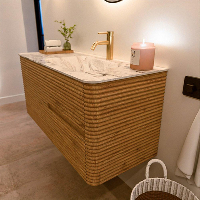 Mondiaz CIRO-DLUX Badkamermeubelset - 110x45x50cm - Solid surface wastafel Glace - 1 wasbak Rechts - 1 kraangat - 2 lades - Oak