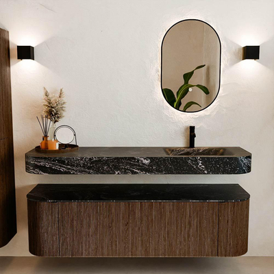 MONDIAZ THOR-DLUX 160cm meuble de salle de bains arrondi gauche + droite couleur Walnut avec 1 tiroir et 2 portes. Vasque suspendue CLOUD Droite 1 trou de robinet couleur Lava.