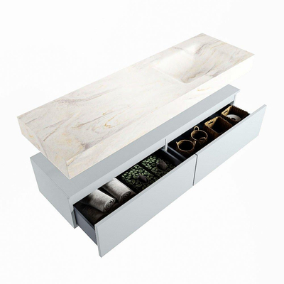 Mondiaz ALAN-DLUX Ensemble de meuble - 150cm - meuble - Clay mat - 2 tiroirs - Lavabo Cloud Ostra suspendu - vasque droite - 0 trous de robinet - Beige
