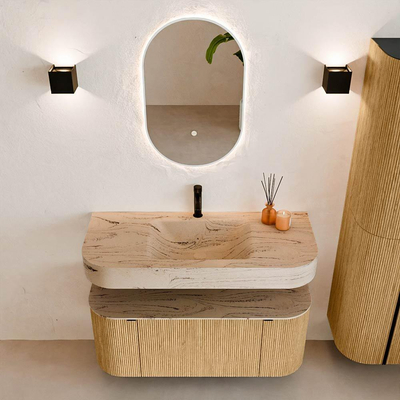 MONDIAZ THOR-DLUX 110cm badmeubel ronding links + rechts kleur Oak met 1 lade en 2 deuren. Vrijhangende wastafel CLOUD Midden 1 kraangat kleur Arena.