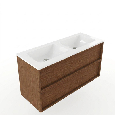 Saniclass Holz Frame Ensemble meuble de salle de bains - 120x45x77.5cm - lavabo Torino en solid surface blanc - sans trou de robinet - 2 tiroirs - walnut pure mat (bois)