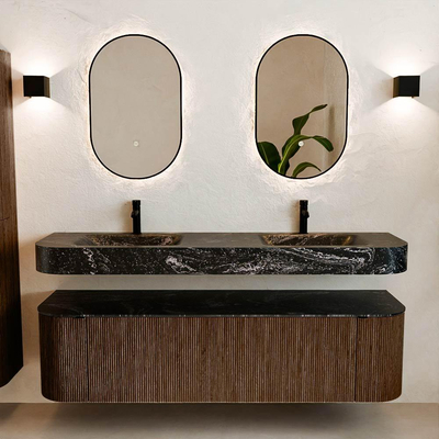 MONDIAZ THOR-DLUX 170cm badmeubel ronding links + rechts kleur Walnut met 1 lade en 2 deuren. Vrijhangende wastafel CLOUD Dubbel 2 kraangaten kleur Lava.